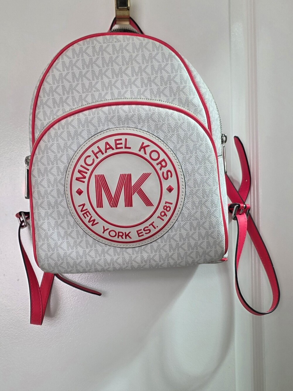 Michael Kors Signature Abbey Backpack in White with Hot Pink Accents